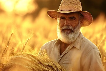Fototapeta premium Senior farmer holding wheat stalks in golden field at sunset