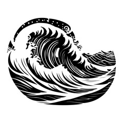 Monochromatic depiction of a stylized water wave cresting with dramatic flair