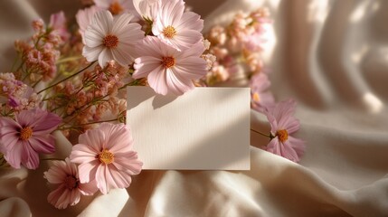 Blank greeting card resting on soft beige linen fabric surrounded by cosmos flowers ideal for Mother’s Day greetings, spring birthday cards, romantic letter writing, and baby shower invitations