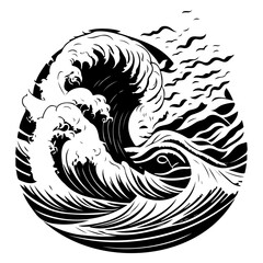 Monochrome circular depiction of oceanic swell with stylized sea birds overhead