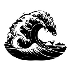 Naklejka premium Stylized monochrome illustration of a powerful ocean wave with coastal features