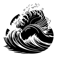 Monochromatic depiction of ocean wave cresting with stylized detail