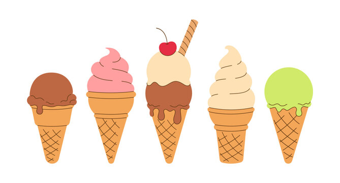 Hand drawn icon, logo of melted scoop of vanilla, classic creamy soft ice cream in waffle cone. Isolated on white background. Summer Creme Brulee, flavor. Minimalistic flat vector EPS10