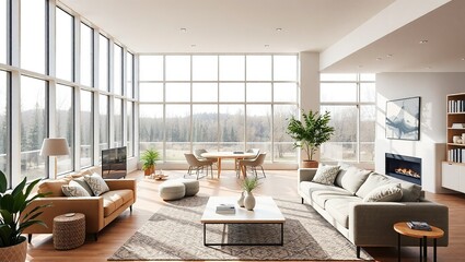 Fototapeta premium Modern Open Concept Living Space with Large Windows