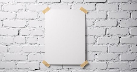 Poster mockup on white brick wall with masking tape and ambient light. Ideal for creative, editorial, or branding mockups with textured background.