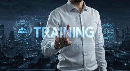 Man touches virtual training interface in modern business technology