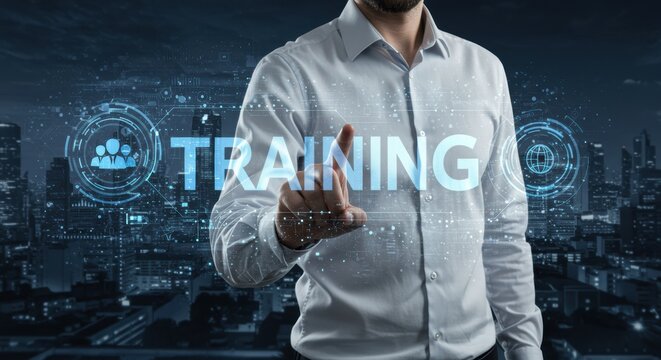 Man touches virtual training interface in modern business technology
