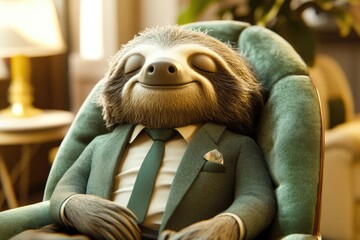 A sloth in a suit rests peacefully in an armchair, exuding calm and contentment.