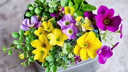 Colorful Daphne, Hollyhock, and Origanum in Square Metal Tin