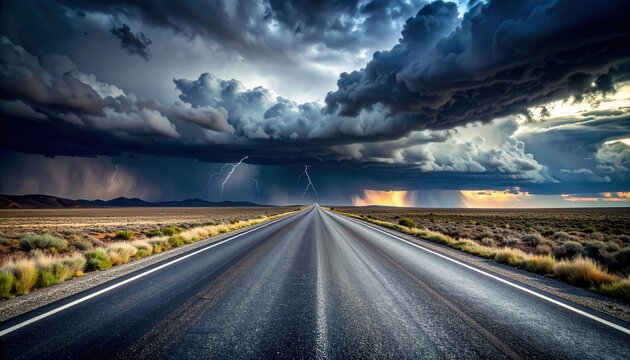 Dramatic stormy sky with dark clouds and lightning over an empty road leading into the horizon during sunset