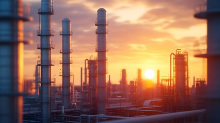 Obraz premium Dramatic Sunset Over Sprawling Oil Refinery with Towering Chimneys and Pipelines