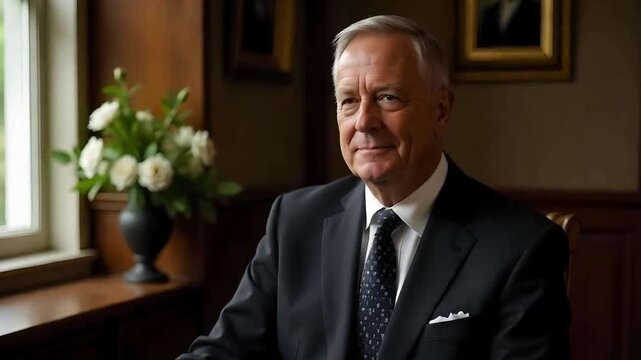 Funeral director sat at his desk in the office