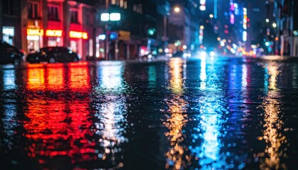 Reflections of neon lights on a wet street during rain at night, creating a vibrant, dynamic urban atmosphere