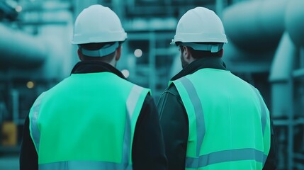 Two Hardhat Engineers Inspecting Industrial Refinery Pipeline in Safety Vest