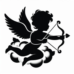 Obraz premium Cupid with Bow and Arrow Silhouette on White Background – Valentine’s Day Romantic Symbol Vector