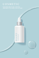 Cosmetics and skin care product ads template on blue background with serum texture.