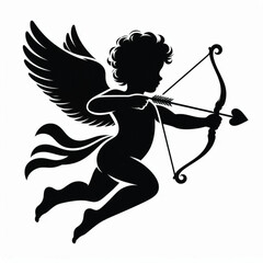 Fototapeta premium Cupid with Bow and Arrow Silhouette on White Background – Valentine’s Day Romantic Symbol Vector