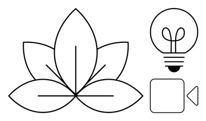 Lotus flower, light bulb, and video camera outline representing nature, creativity, wellness, mindfulness, innovation, video production and modern technology. Ideal for branding eco-design media
