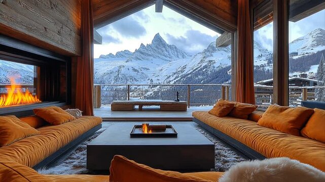 Cozy living room interior in a luxury ski chalet with burning fireplace and stunning mountain view on a winter day offers relaxation