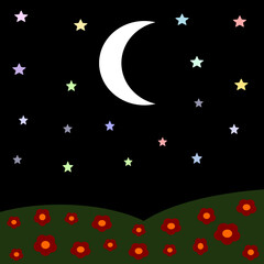 Night landscape with flowers. Vector illustration.
