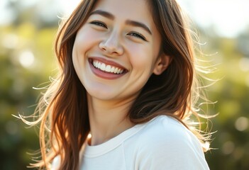 Fototapeta premium Portrait of a laughing young woman in sunlight