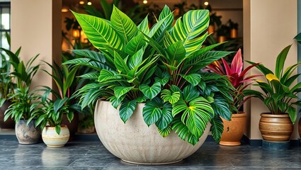 Bold Tropical Display: Large Ceramic Planter with Lush Plants