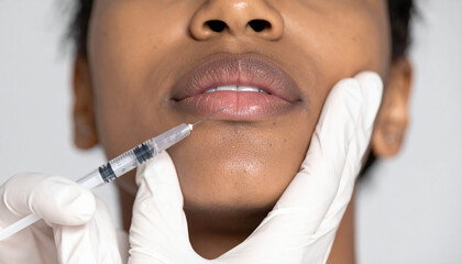 Young woman getting beauty injection in her lips, doctors hand in gloves holding syringe.