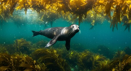 Fototapeta premium Seal Swimming in Underwater Kelp Forest Habitat Wildlife Photography