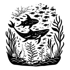 Monochrome undersea realm illustration depicting whales, fish, and marine flora