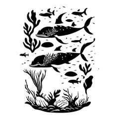 Underwater Harmony: A Monochrome Depiction of Marine Life and Coral Reef Ecosystem