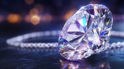 Fototapeta premium Sparkling Diamond Gemstone on Dark Background near Elegant Necklace Luxurious Jewelry