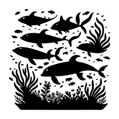 Monochrome marine life: a whimsical underwater tableau of silhouetted creatures