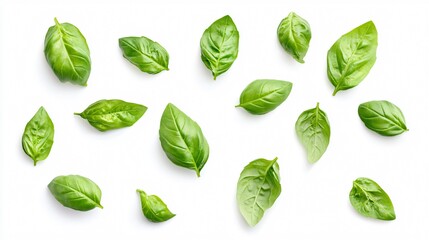 Fototapeta premium Fresh Basil Herb Leaves Flying on White Background