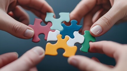 Teamwork and Symbolized by Puzzle Pieces Assembled by Multiple Hands