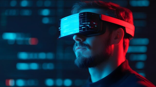 Futuristic man wearing glasses analyzing data in digital profile - Powered by Adobe