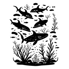 Monochrome marine life composition featuring diverse aquatic species and flora elements