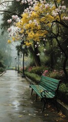 Fototapeta premium Serene Park Pathway with Blooming Trees