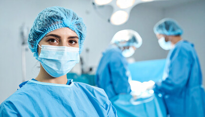 Surgeon woman in protective mask standing in operating theater performing surgery. Professional