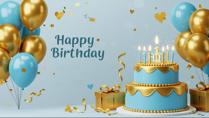 Elegant birthday celebration with blue and gold theme and gifts for festive decorations