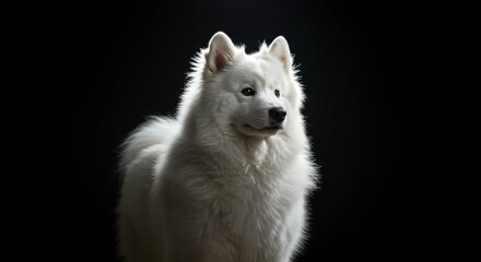 Obraz premium Majestic White Samoyed Dog Portrait Fluffy Fur Black Background