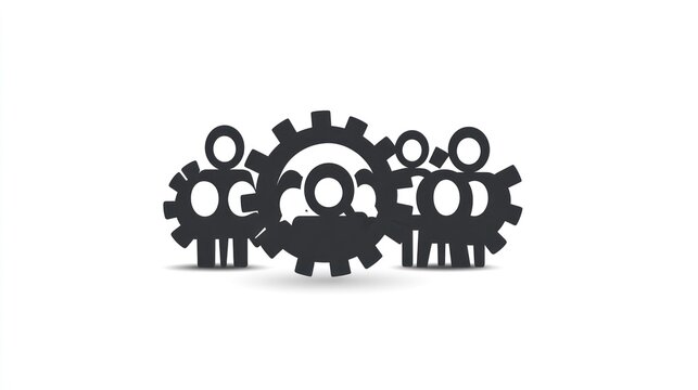Teamwork illustration with gears and simplified people figures.
