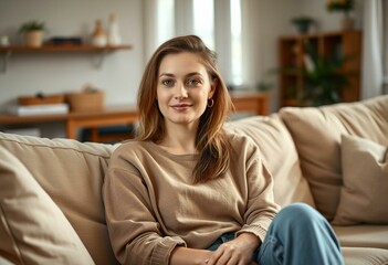 Obraz premium Photorealistic natural light portrait of a relaxed female homebody