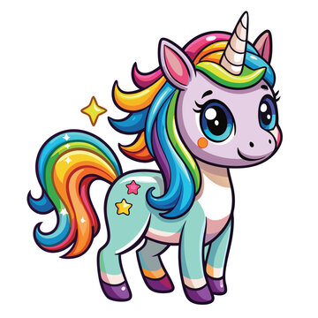 Cute Unicorn Cartoon vector with rainbow mane and tail. Beautiful Unicorn Cartoon Vector on Background.
