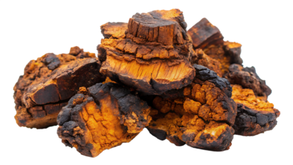 Pile of chaga mushroom pieces isolated on white background