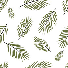 Seamless pattern with palm leaves in green on white background. Tropical botanical texture for summer fabric, wrapping paper, wallpaper or web design. Flat minimal vector.