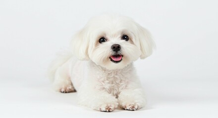 Obraz premium Adorable Maltese Puppy Dog White Fur Happy Expression Studio Shot Pet Canine