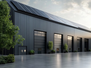 Obraz premium 3D render of a modern European warehouse with solar panels on the roof, sustainable logistics design