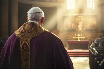 Clergyman in Purple Vestments Standing in Sunlit Church with Ornate Altar and Congregation Blurred in Background