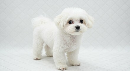 Obraz premium Adorable Fluffy White Maltese Puppy Dog Posing Against White Background