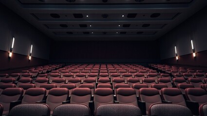 Naklejka premium Empty Movie Theater Auditorium, Soft Lighting, Cinematic Ambiance